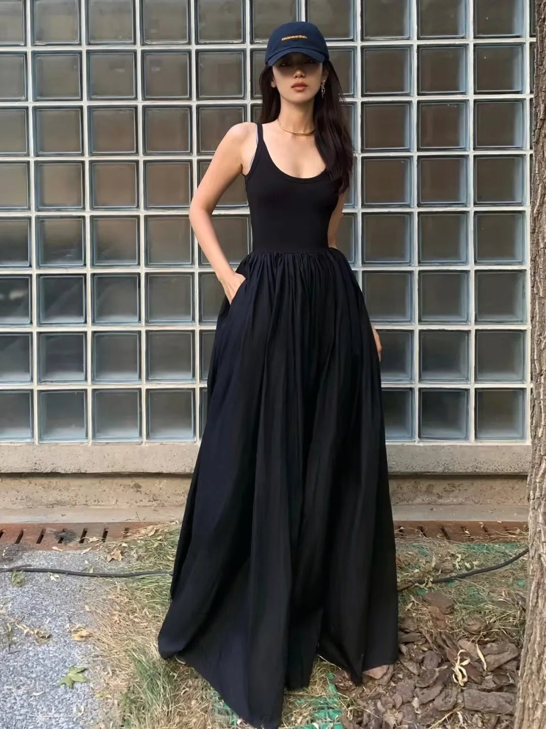 

Spring Sleeveless Dress Women's Premium Comfort Slim Medium Length Dress Harajuku Black Pleated Party Dresses