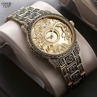 carving pattern men quartz watch luxury 3d engrave gold bronze stainless steel black golden wristwatch 30m waterproof man clock