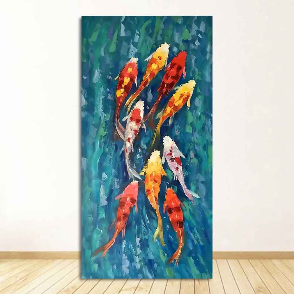 

Абстрактная картина маслом на холсте с изображением рыбьего пейзажа девять кои, постер для гостиной, современный декор, Настенная картина, HD печать на китайском языке