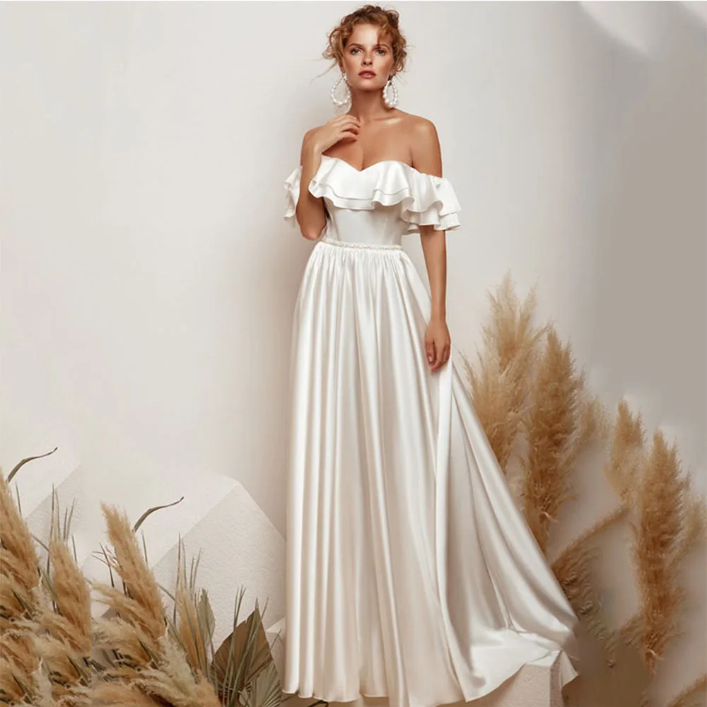 

Pastrol Bride Gowns Lace Up Backless Short Sleeves Off The Shoulder Sweetheart Wedding Dresses Satin A-Line Vestido De Noiva