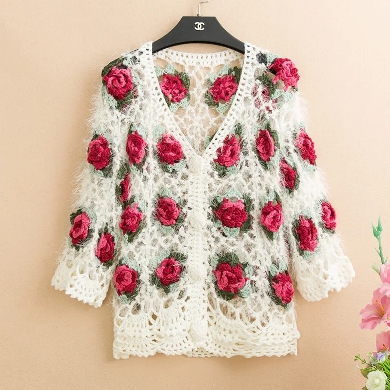 3D flower women cardigans mohair women crochet cardigans fem