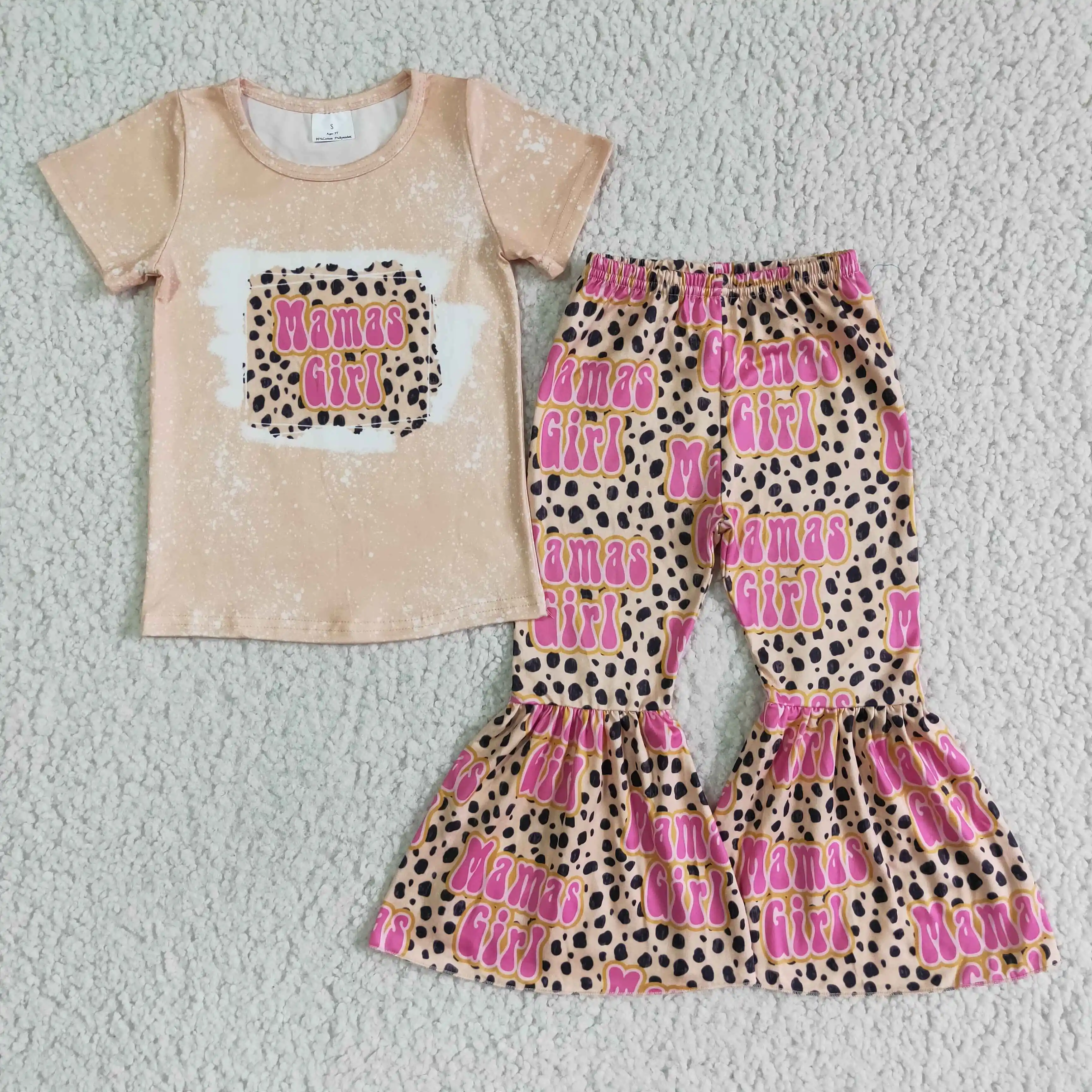 

fashion girl leopard and letter design short sleeve top and flare pants 2pieces set