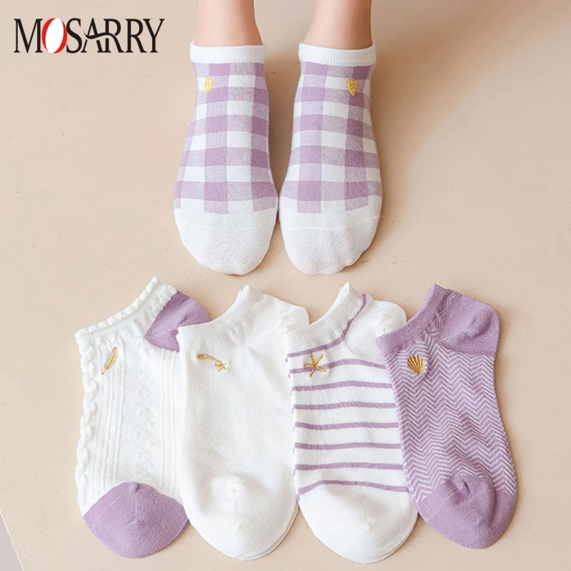 

Summer Purple Cotton Women Socks Low Tube Star Heart Shell Leaf Embroidered Grils Boat Socks