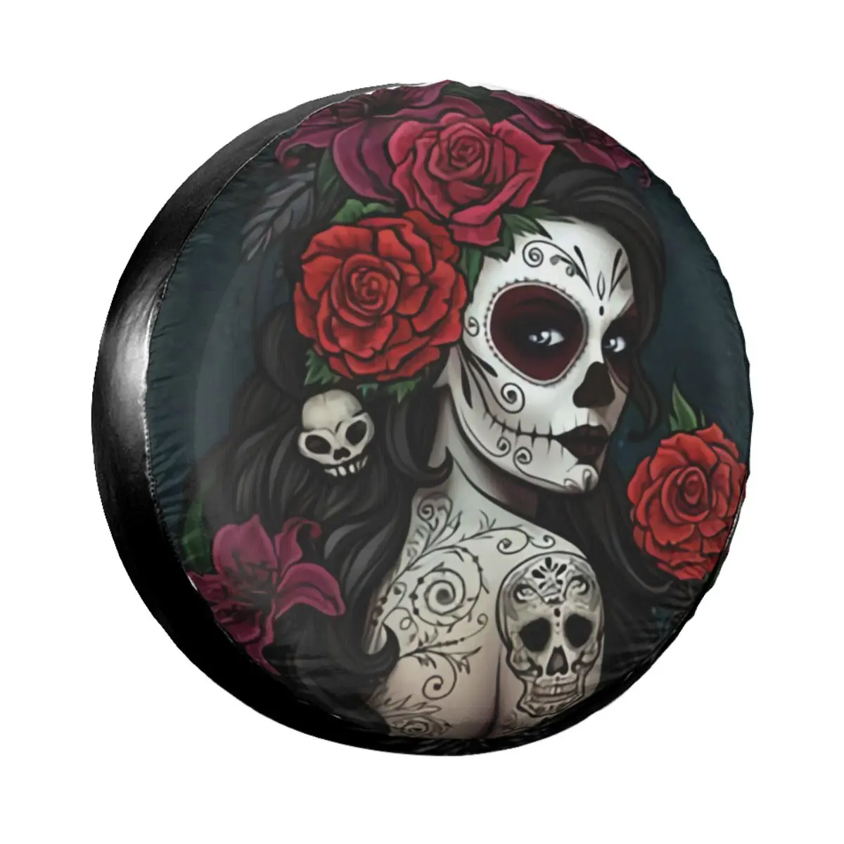 

Mexican Sugar Skull Day Of The Dead Spare Wheel Tire Cover Case Bag for Pajero Skeleton Gothic Halloween Vehicle Accessories