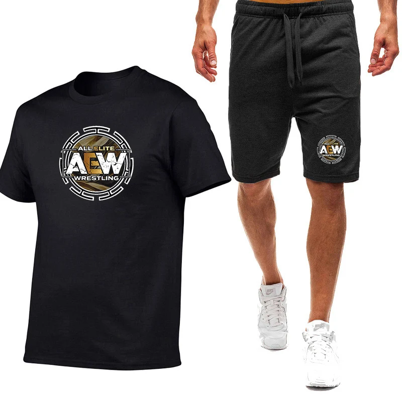 Фото Новинка 2026: Мужской летний комплект AEW All Elite с принтом, футболка с коротким рукавом в стиле Harajuku (9 цветов) и повседневные шорты, 2 предмета №1