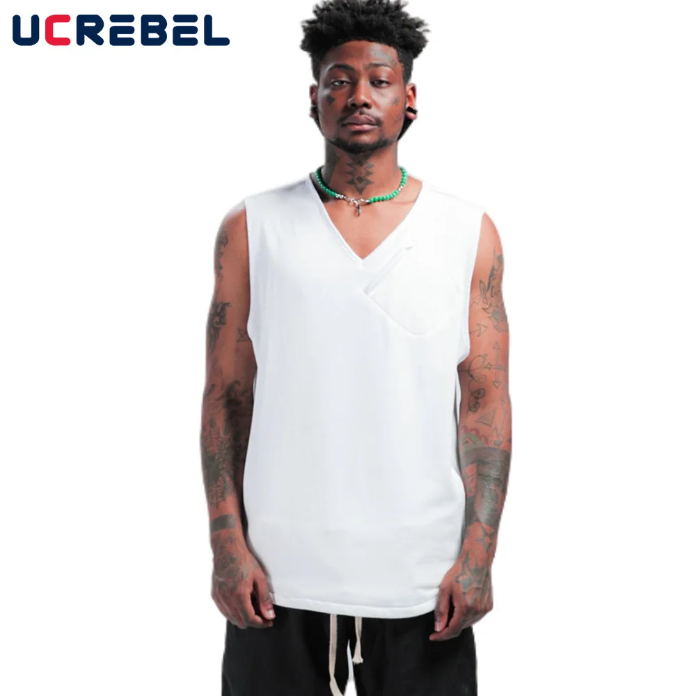 

Футболка мужская без рукавов, однотонная уличная одежда с карманами, на молнии, Свободный Повседневный Топ с V-образным вырезом, в стиле High ...