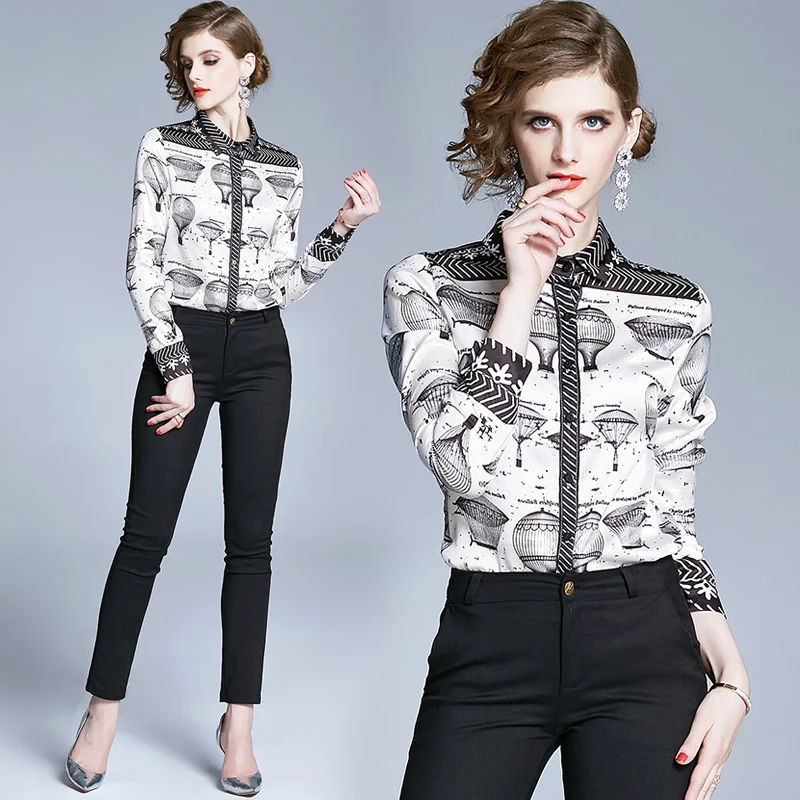

Print Women's Blouse Loose Polo Shirt New Fashion Long Sleeve Casual Top Houthion