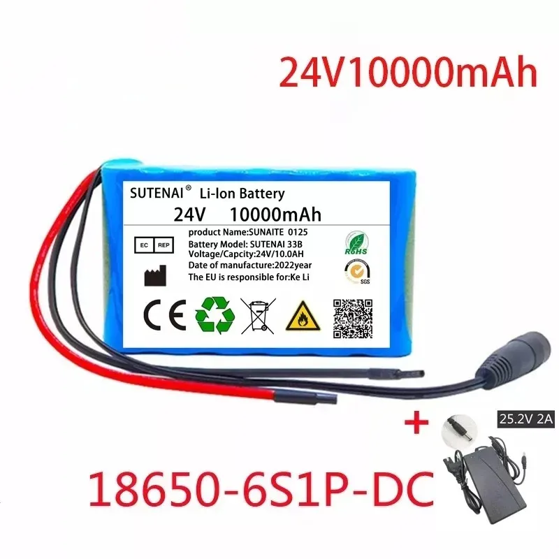 

Batería de iones de litio de 24V, 10Ah, 25,2 V, 6S1P, para motor eléctrico, bicicleta, scooter, juguetes, taladro con BMS