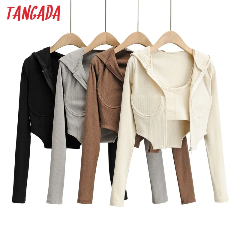 

Tangada Women Strethy Hood Jacket with Camis 2 Piece Japanese Fashion Ladies Crop Outwear 4P62