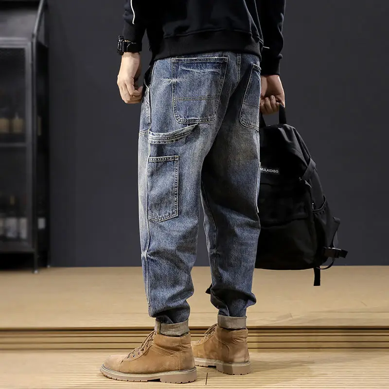 Retro Jeans Men's Loose Tide Brand Ins Straight Tooling Pants Trend All-match Harem Trousers Patchwork Jeans