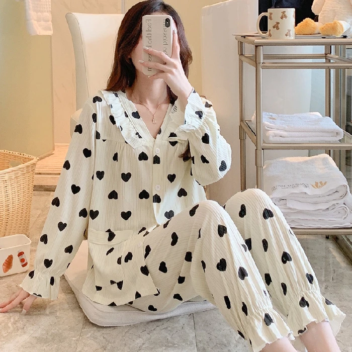 CAIYIER 2022 Winter V-Neck Cardigan Sleepwear Suit Leisure Women Flower Print Nightwear Long Sleeve Loose Student Lounge Wear