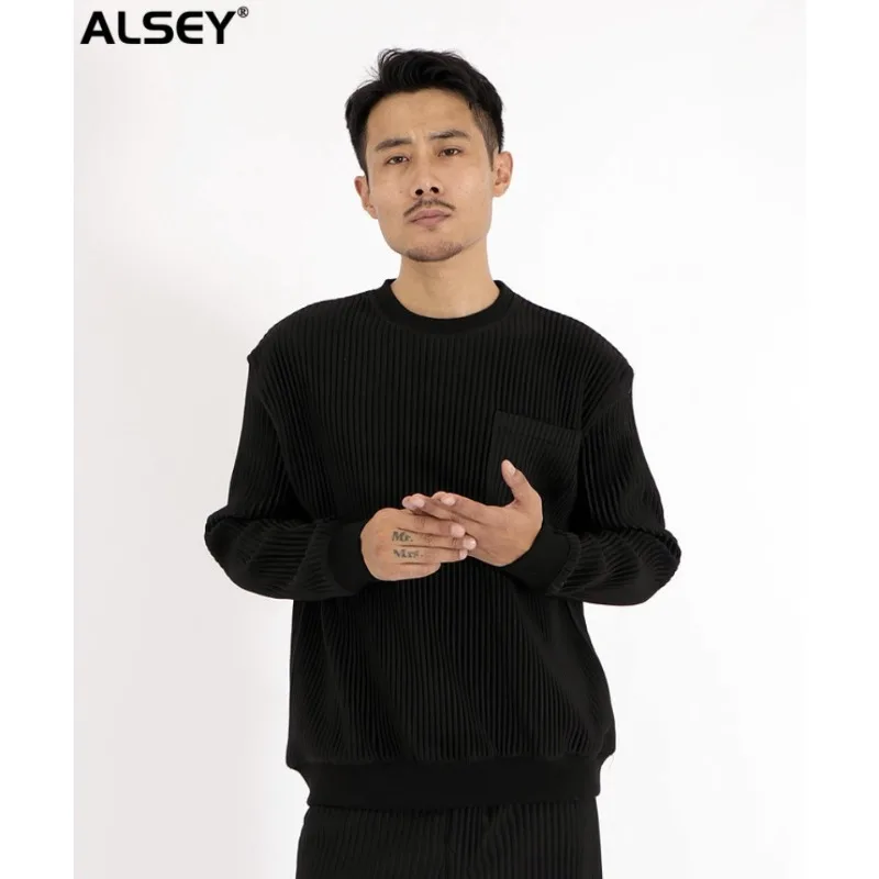 

ALSEY Miyake Pleated Sweat Shirt Autumn Winter New Thick Fashion Solid Color Bottom Round Neck T-Shirt for Men's Clothing