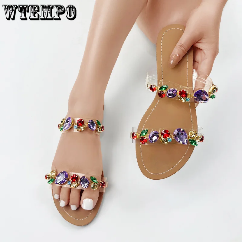 

WTEMPO Brazilian Style Low Thick Heel Non Slip Beach Slippers Women New Summer Outdoor Colorful Rhinestone Slip-ons Wholesale