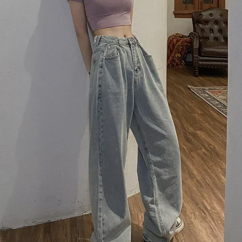 

Джинсы женские прямые с завышенной талией, элегантные свободные штаны из мягкого денима, модные тонкие брюки с широкими штанинами, ins, лето ...