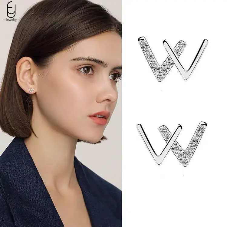 

925 Sterling Silver Ear Needle Diamond Double V Earrings For Woman Females Korea Design Temperament W Letter Earrings Jewelry