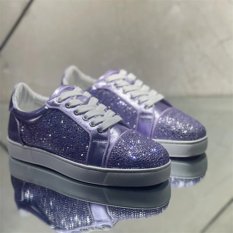 

Low Top Men's Red Soles Purple Crystal Athleisure Flats Leather Women's High Quality Luxury Diamond Sneakers