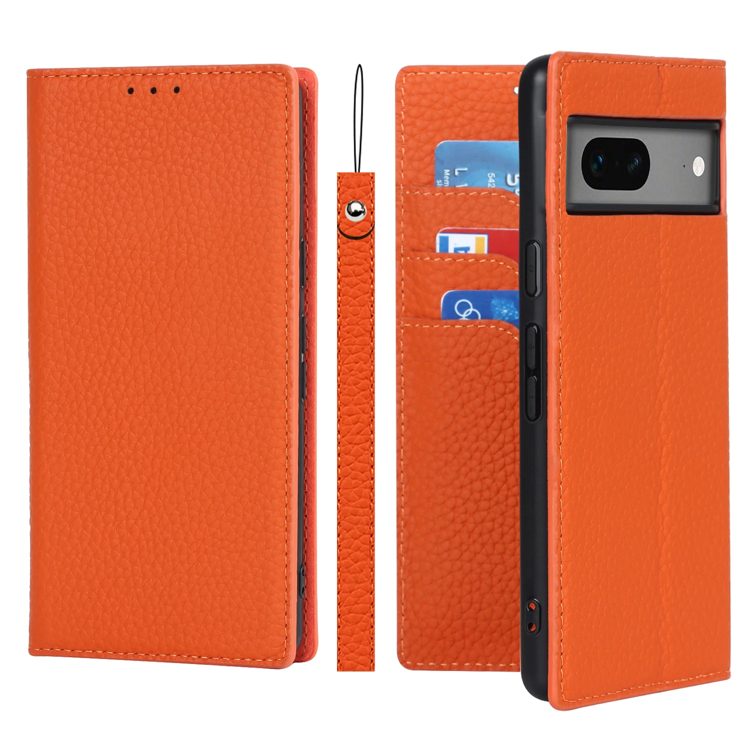 

Litchi Pattern Leather Wallet Card Stand Slot Cover For Google Pixel 6 6A 6XL PRO 7 7A With Lanyard Wrist Strap Case Coque Funda