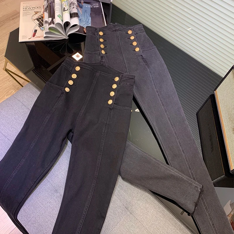 

22 New High Waist Jeans Women Retro Double-breasted Black Skinny Denim Pencil Pants Grey Fashion Solid Vintage Trouser Plus Size