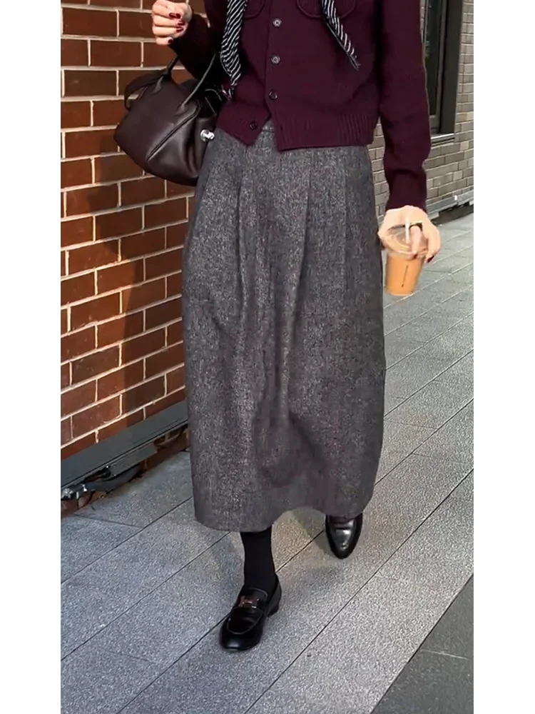 Plus Size Gray Woolen Thickened Casual Skirt Autumn and Winter 2024 New High Waist Elegant Ozhouzhan Simple A- line