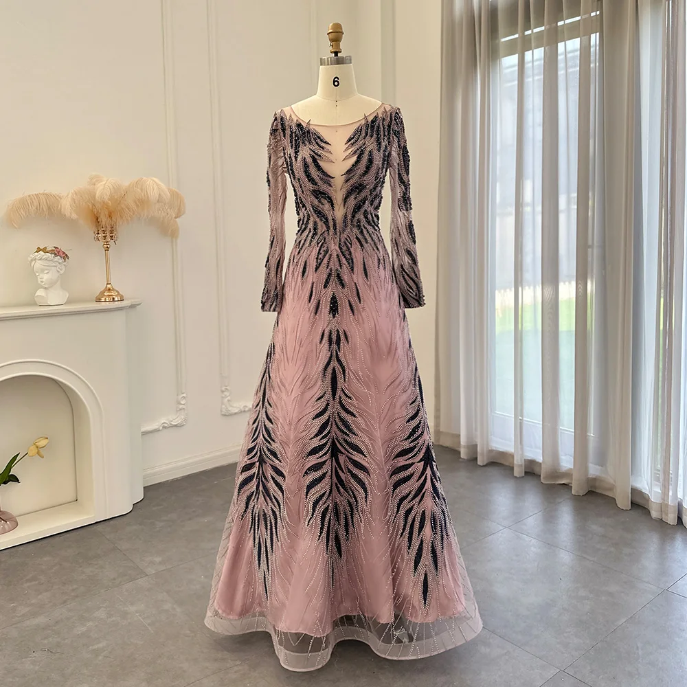 Jancember Beading Floral Tulle Evening Costume 2023 Luxury Long Sleeve Formal Prom Dresses For Wedding Party Gown SCZ064
