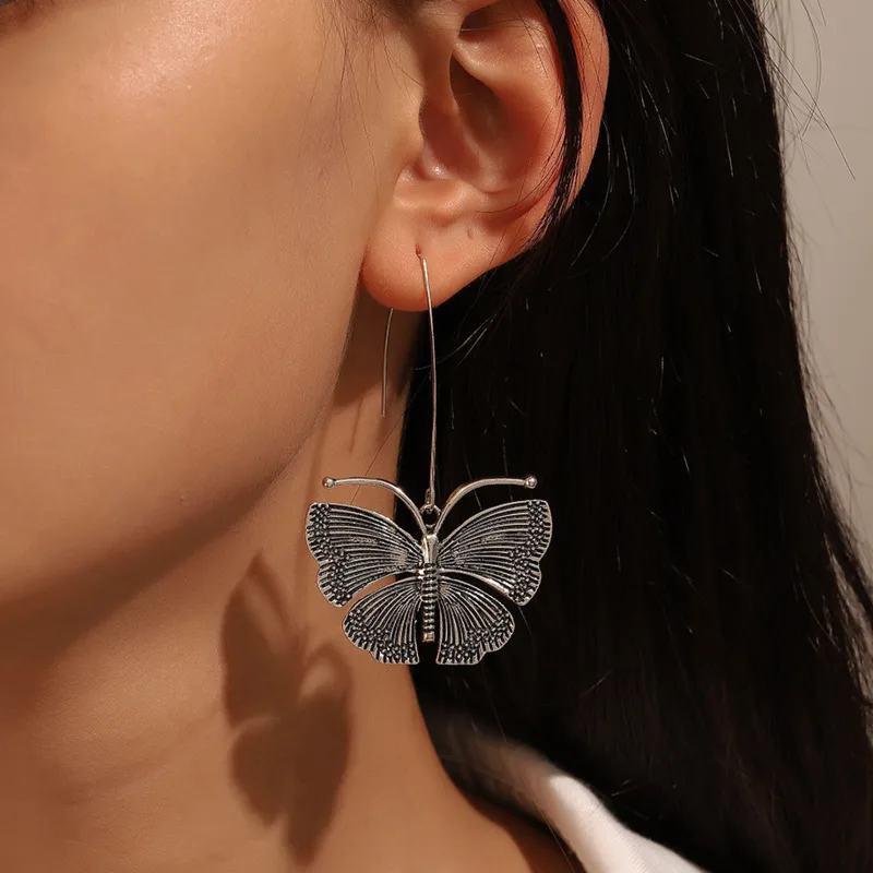 

Vintage Silver Color Butterfly Drop Earrings Fashion Personality Retro Ancient Metal Alloy Long Earrings Women Jewelry