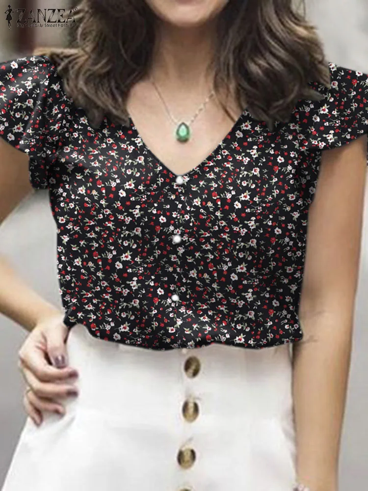 

ZANZEA Casual Floral Printed Blouse Woman Holiday Ruffles Chemise Summer Flare Sleeve V-Neck Tops Elegant Party Shirt Oversized