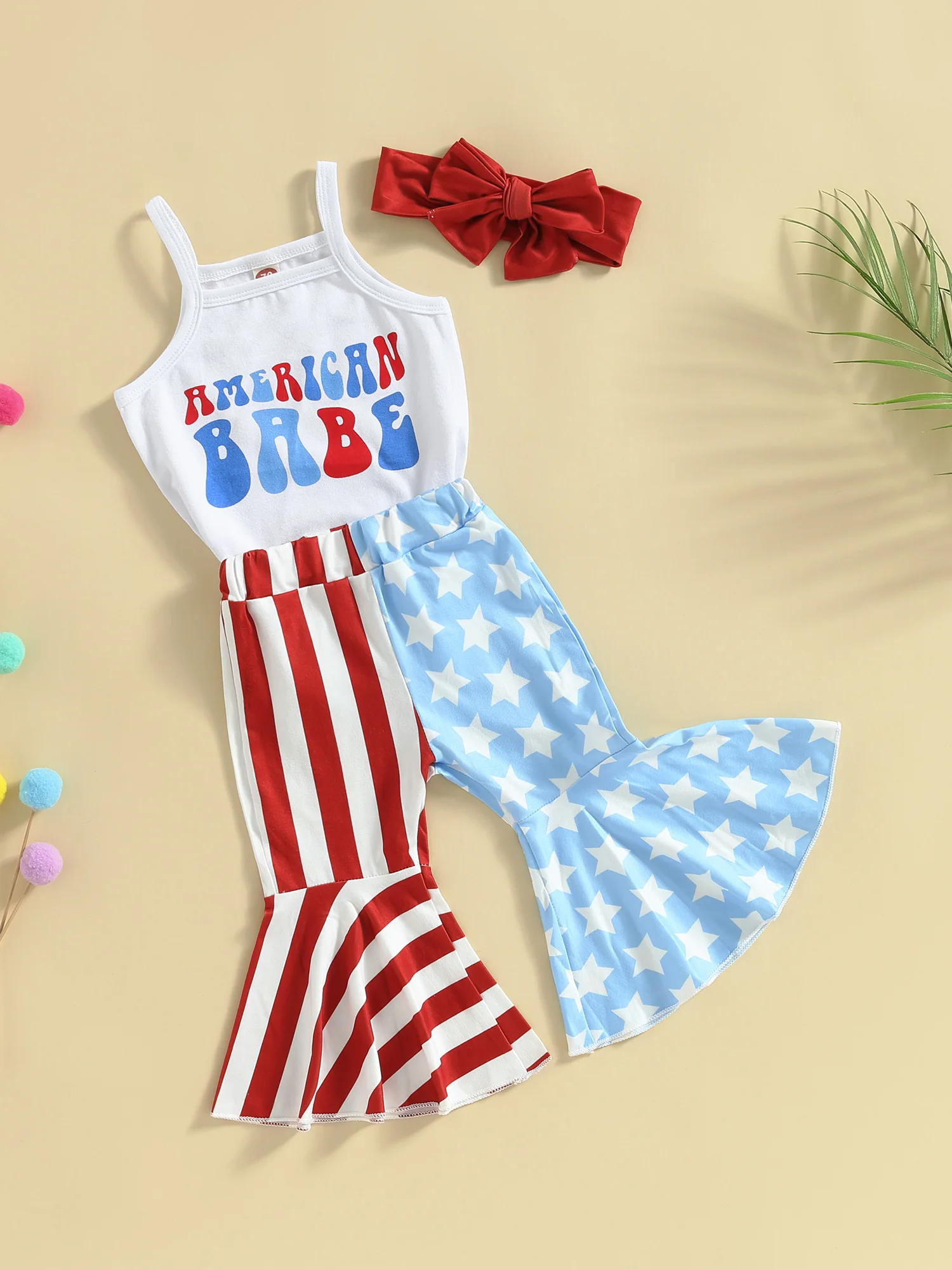 

4th of July Baby Outfit Set American Flag Print Sleeveless Romper with Flare Pants and Headband - 3 Piece Set