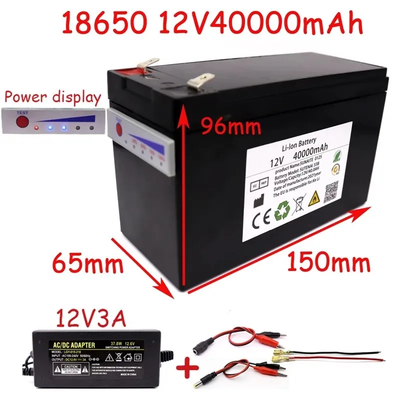 

Paquete de batería de litio 18650 de 12V 40a, pantalla de energía, adecuado para energía solar y batería de vehículo eléctrico,