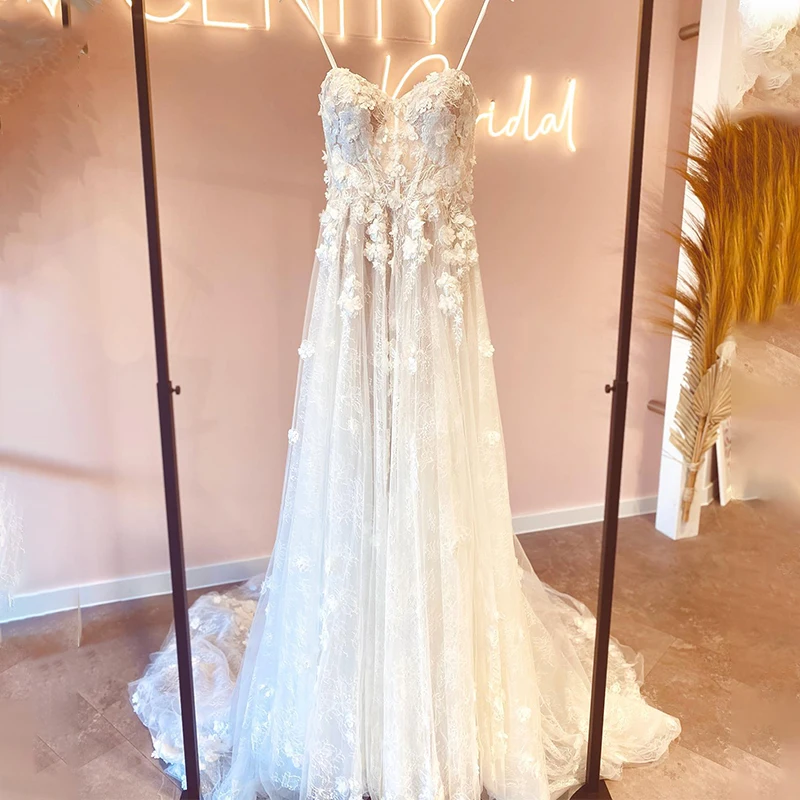 

New Popular Sweetheart 3D Flower Lace Applique Wedding Dresses Sweep Train Boho Beach Bridal Grown 2023 Rode De Morrie