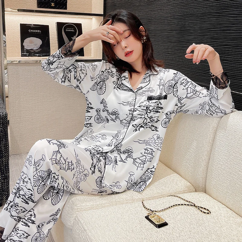 

Grace Women's Pajamas Ink Printing Ice and Snow Silk Long Sleeves Lace Trouser Suits Home Clothes Sexy Lingerie Sleepwear