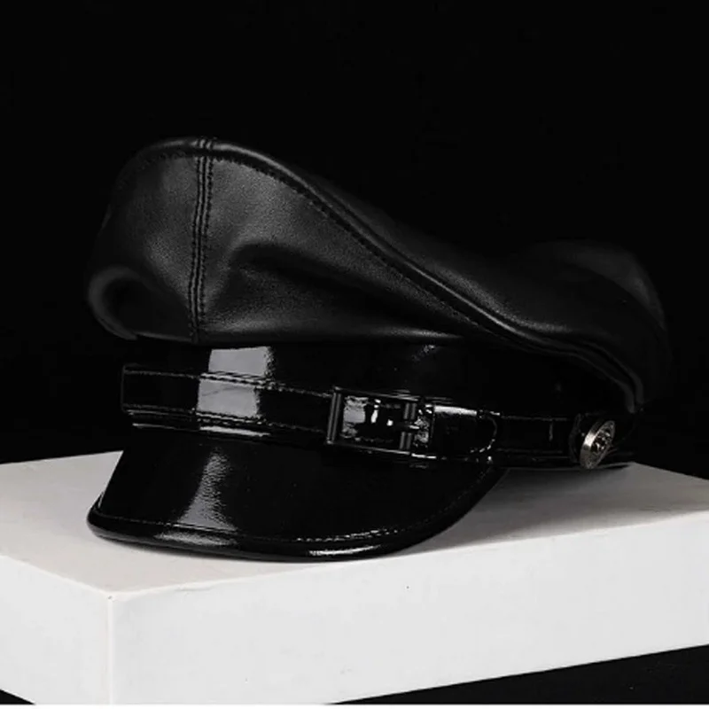 Male Men Luxury Lambskin Germany Officer Visor Black Locomotive Retro Military Hat Patent Leather Cortical Casquette
