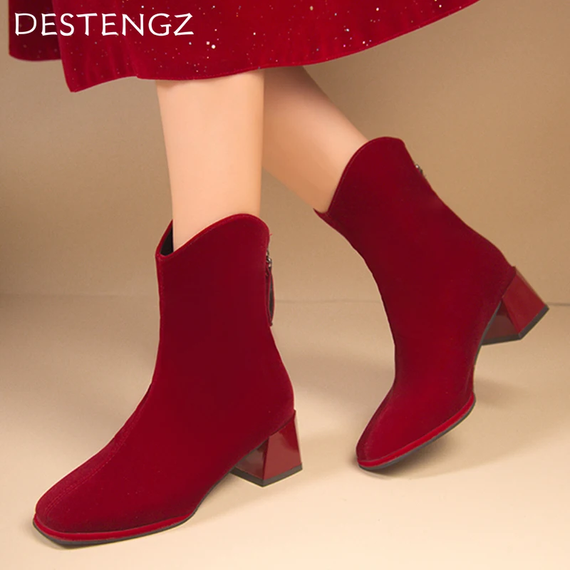 Замшевые женские ботильоны на массивном каблуке Модная элегантная Свадебная
