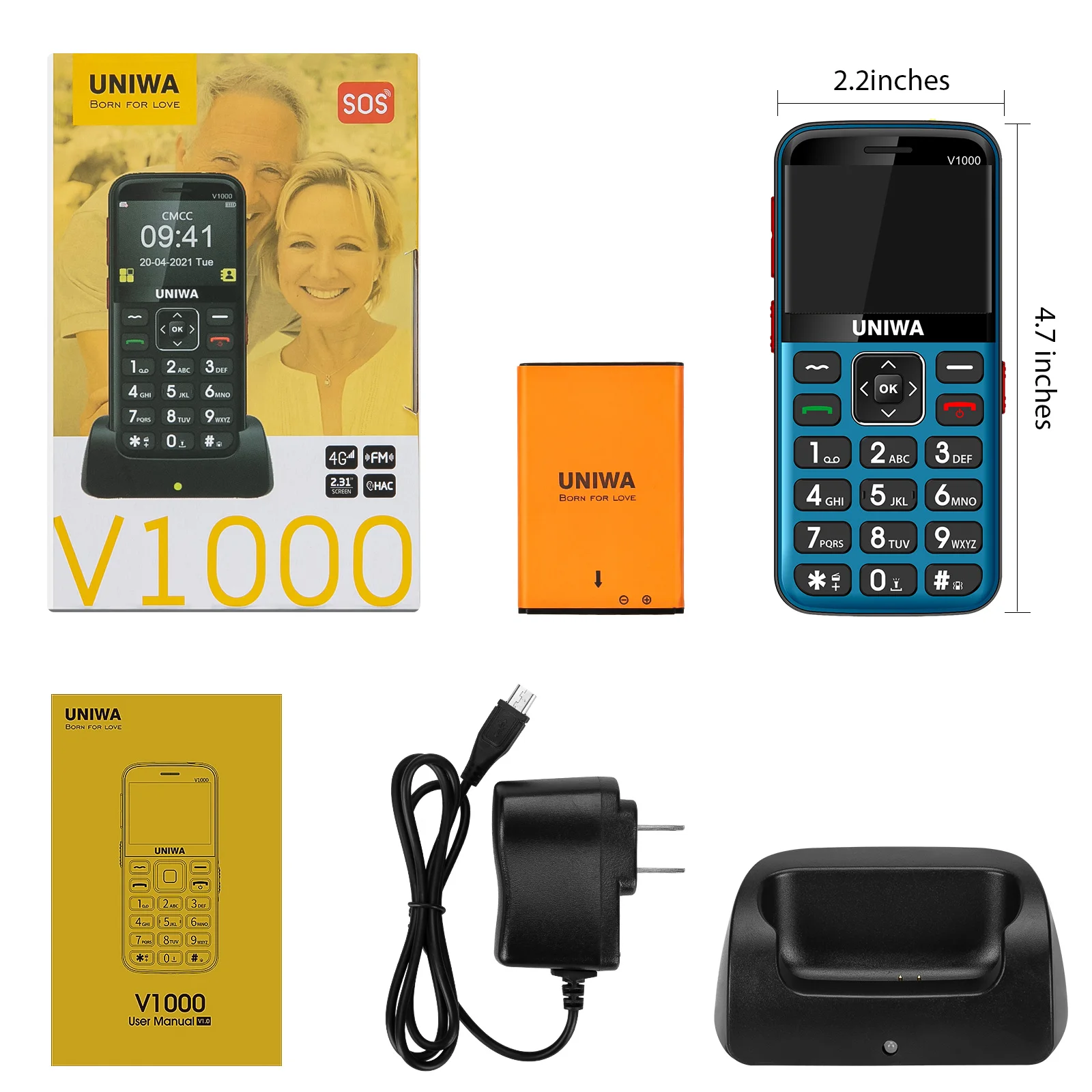 UNIWA V1000 Feature Mobile Big Button 4G Phone 2.31 inch FM 0.3MP Camera Russian Hebrew English Keyboard Cellphone
