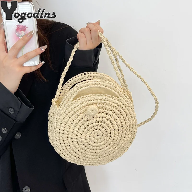 

Round Straw Crossbody Bag Handmade Woven Shoulder Bag For Women Summer Beach Bag Bohemia Travel Small Handbag and Purse