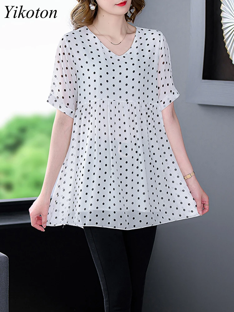 Женская шифоновая блузка в горошек Повседневная Свободная рубашка с коротким