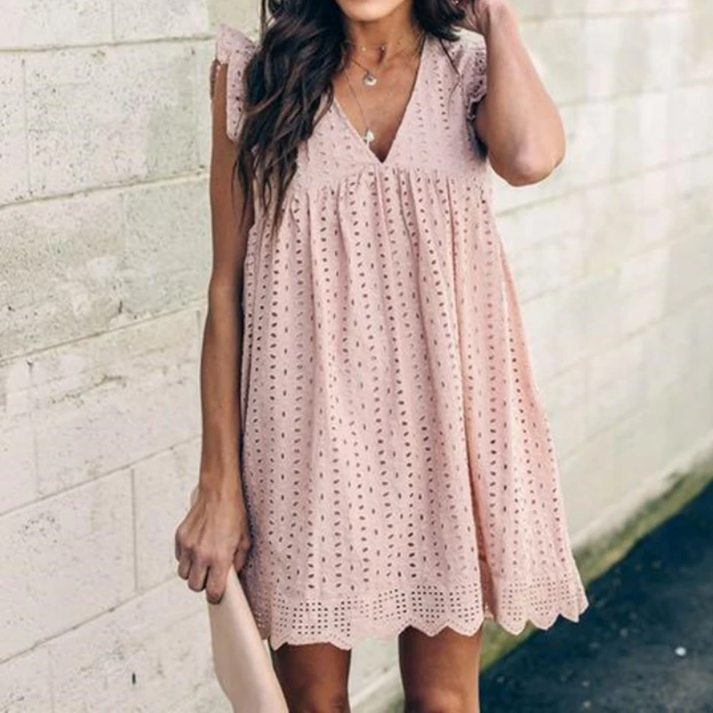 Summer Women's V-neck Lace Jacquard Cutout Short Dress Solid Color Dress 2023 New Pleated Dress Casual Fashion  Dress for Women