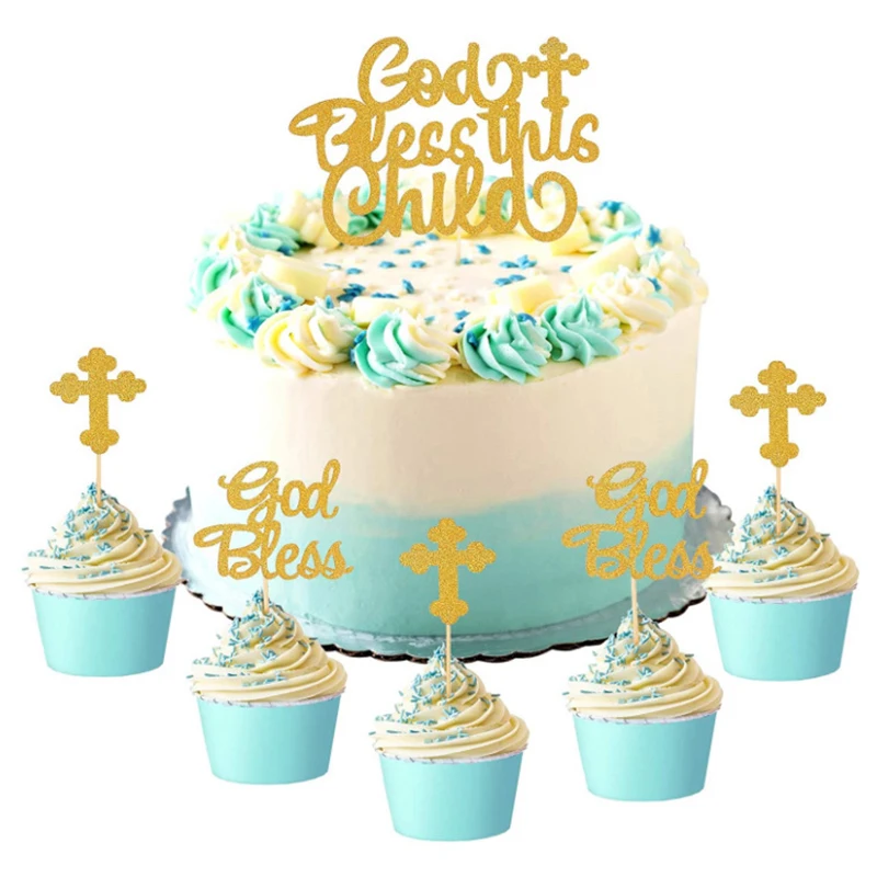 

10Pcs Cross Angel God Bless Cake Topper First Communion Baby Shower Christian Party Decoration Supplies Easter Cake Toppers