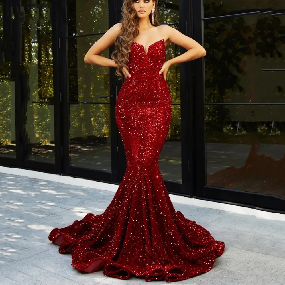 

Exquisite Bling Sequin Sweetheart Backless Mermaid Evening Dresses Sparkly V-Neck Sweep Train Prom Party Gowns 2023