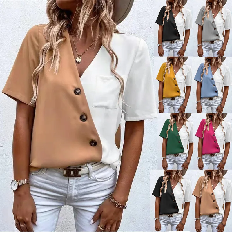 2022 Summer Shirt Top Women's Shirt V-neck Chiffon Fashion Shirt Contrast Color Short-sleeved Shirt Top