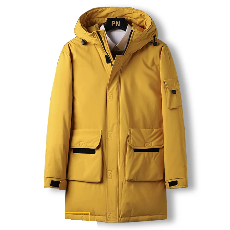 New autumn and winter men's casual youth coat, medium length down jacket, hooded fashion label, thickened for warmth