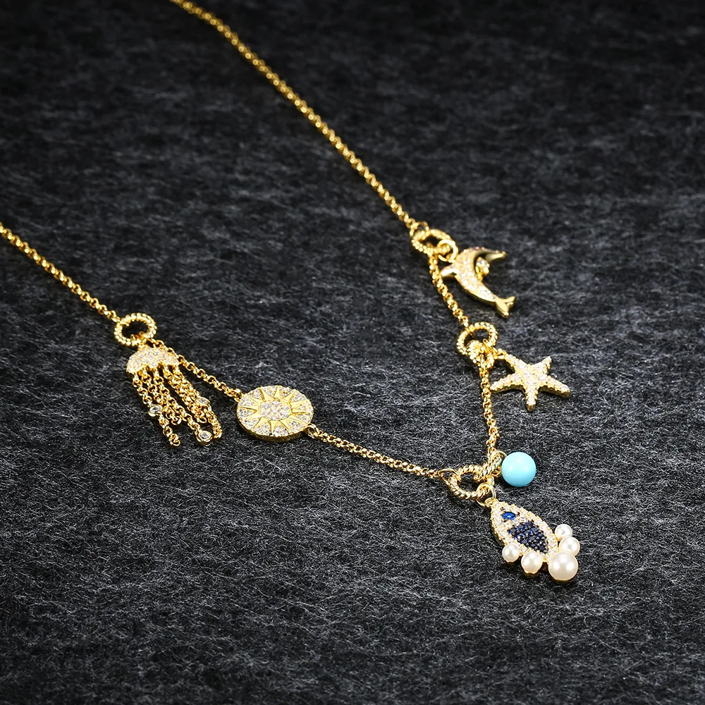 

APM STYLE High Quality 925 Sterling Silver Inlaid Diamond Undersea World Necklace Jellyfish Dolphin Starfish Clavicle Chain Gift