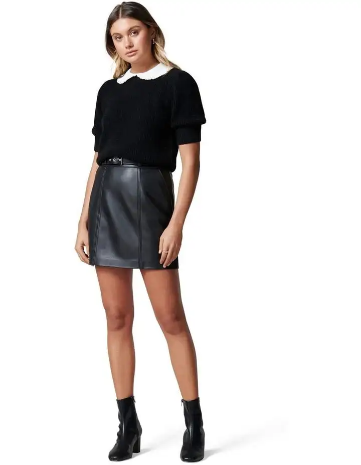 

Faux Leather A-line High Waisted Slim Mini Plus Size Skirt with Belt