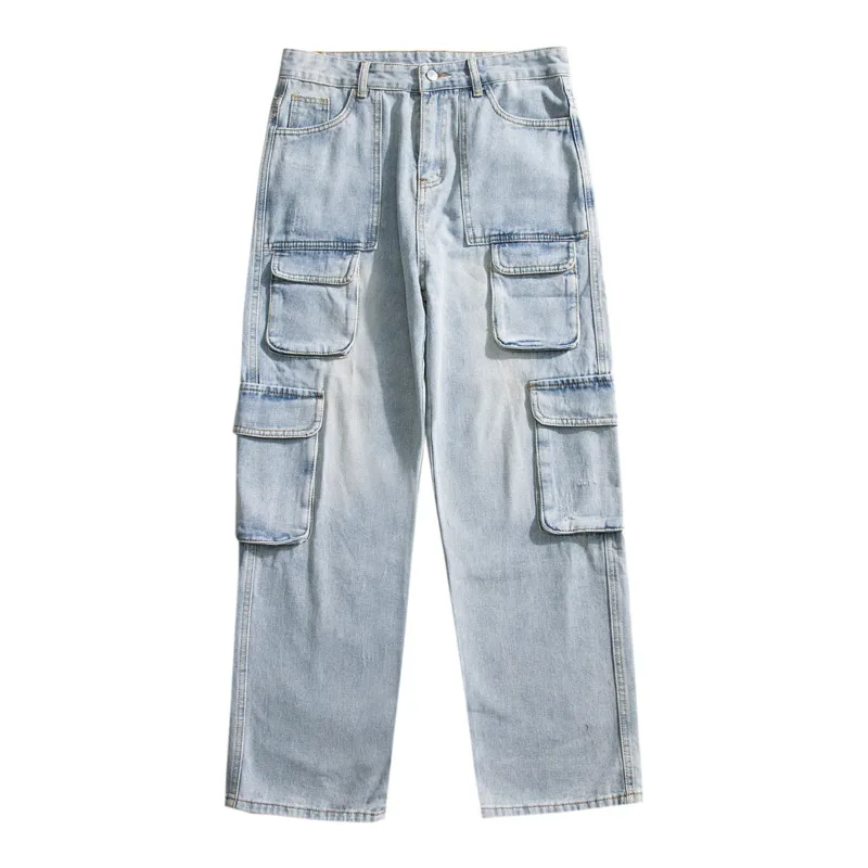 Blue Black Cargo Jeans Men Fashion Vintage Pocket Jeans Men Japanese Streetwear Hip-hop Loose Straight Denim Pants Mens Trousers