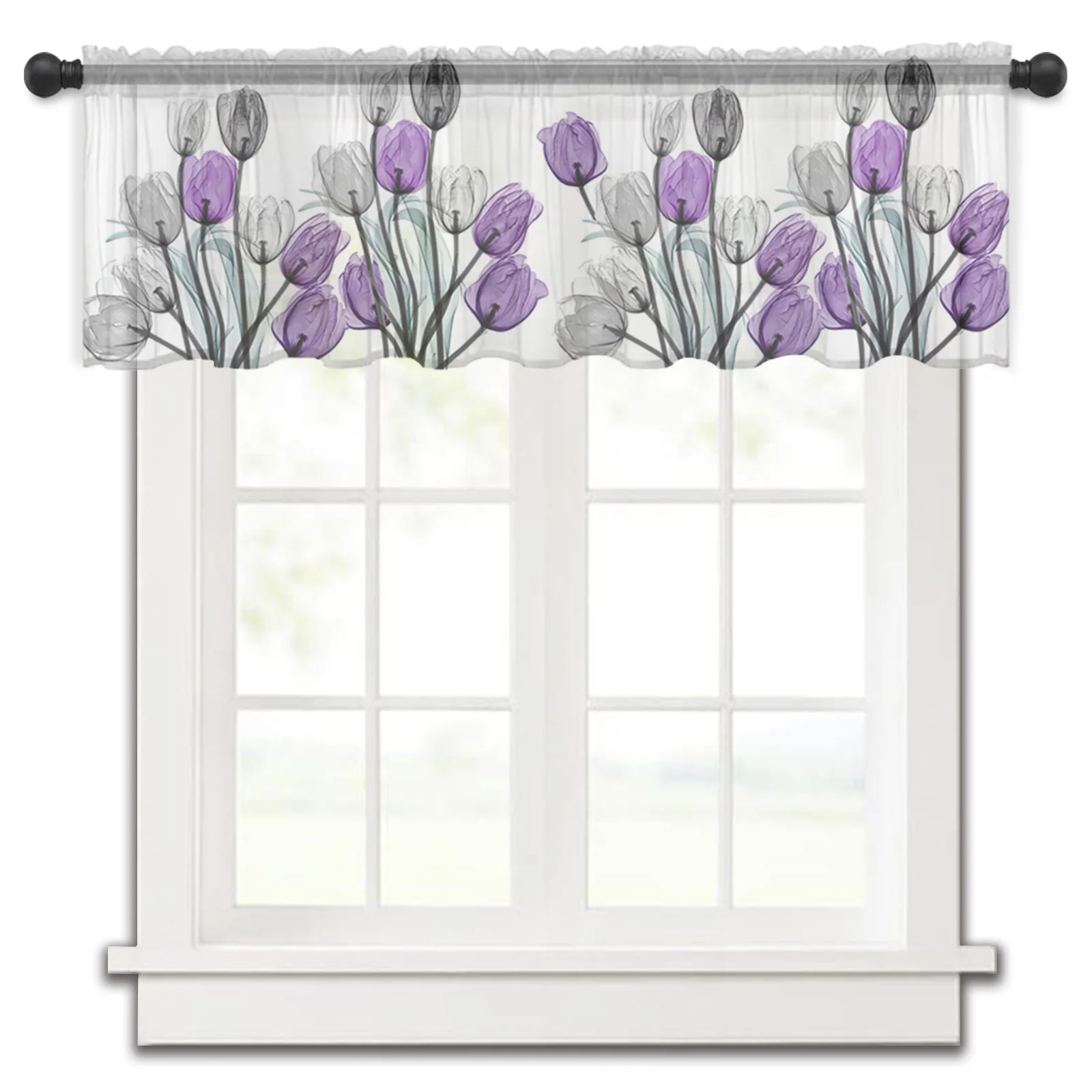 

Flower Idyllic Grey Purple Tulip Kitchen Small Curtain Tulle Sheer Short Curtain Bedroom Living Room Home Decor Voile Drapes