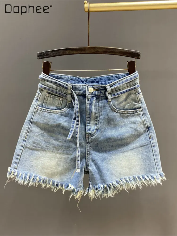 

Woman Summer Light Blue Fringed Burr High Waist Denim Short Jeans 2023 New Women's Korean Style Baggy Straight Jean Hot Pants
