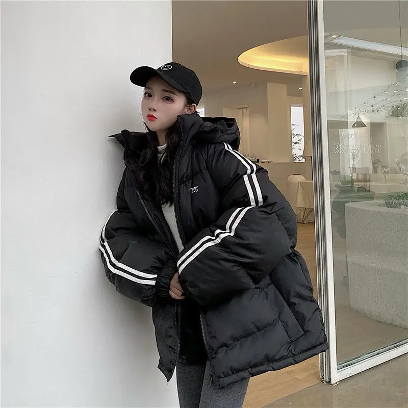 Autumn and Winter New Loose Simple Casual Wild Fashion Trend Solid Color Striped Down Jacket Plus Velvet Thick Thick Coat