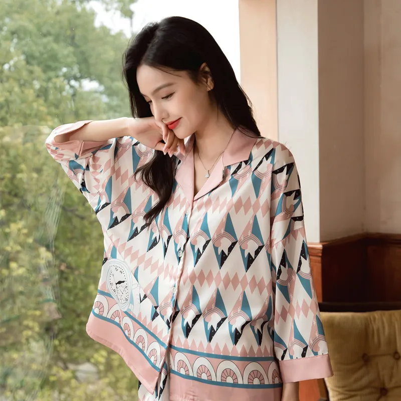 Women's Pajamas Set  Geometric Print Design High Quality Ice Silk  Silky Touch Sleepwear Nightwear Casual Home Woman Loungewear