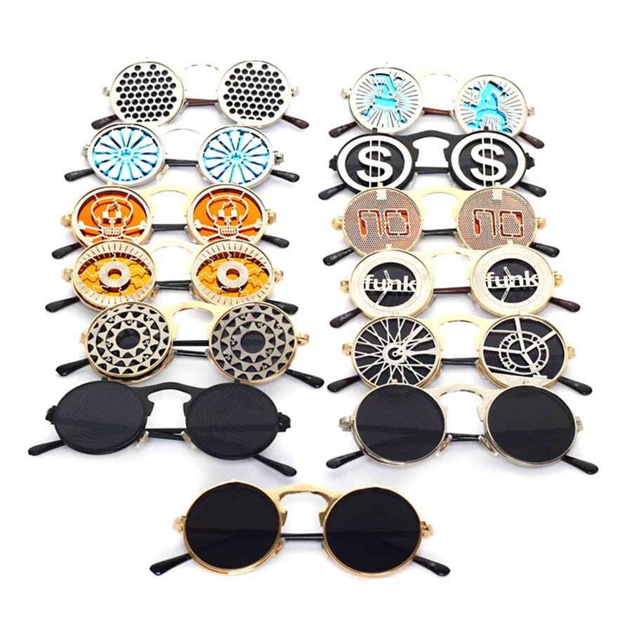 

Evove Steampunk Sunglasses for Men Women Round Sun Glasses Male Metal Punk Glasses Steam Retro Flip Up Lens Eyewear