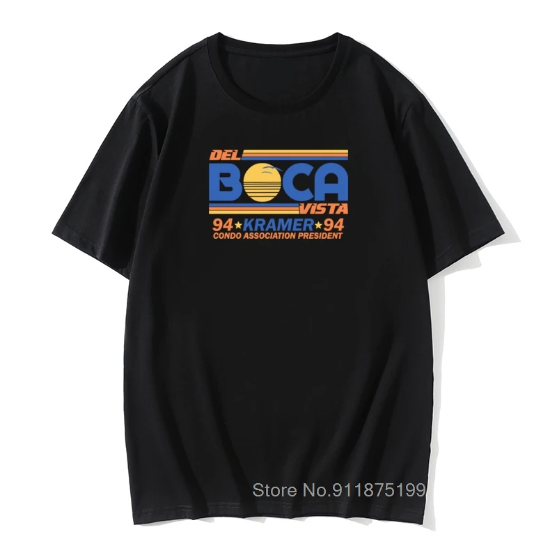 

New Fun Seinfeld Del Boca Vista Kramer T Shirt Letter Graphic Tee Shirts For Man Cotton Black Casual Short-sleeve Tops Tee