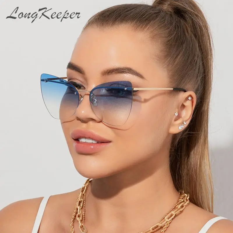 

Longkeeper 2022 Vintage Retro Cat Eye Sunglasses Women Luxury Rimless Gradient Sun Glasses Metal Frameless Eyeglasses Uv400